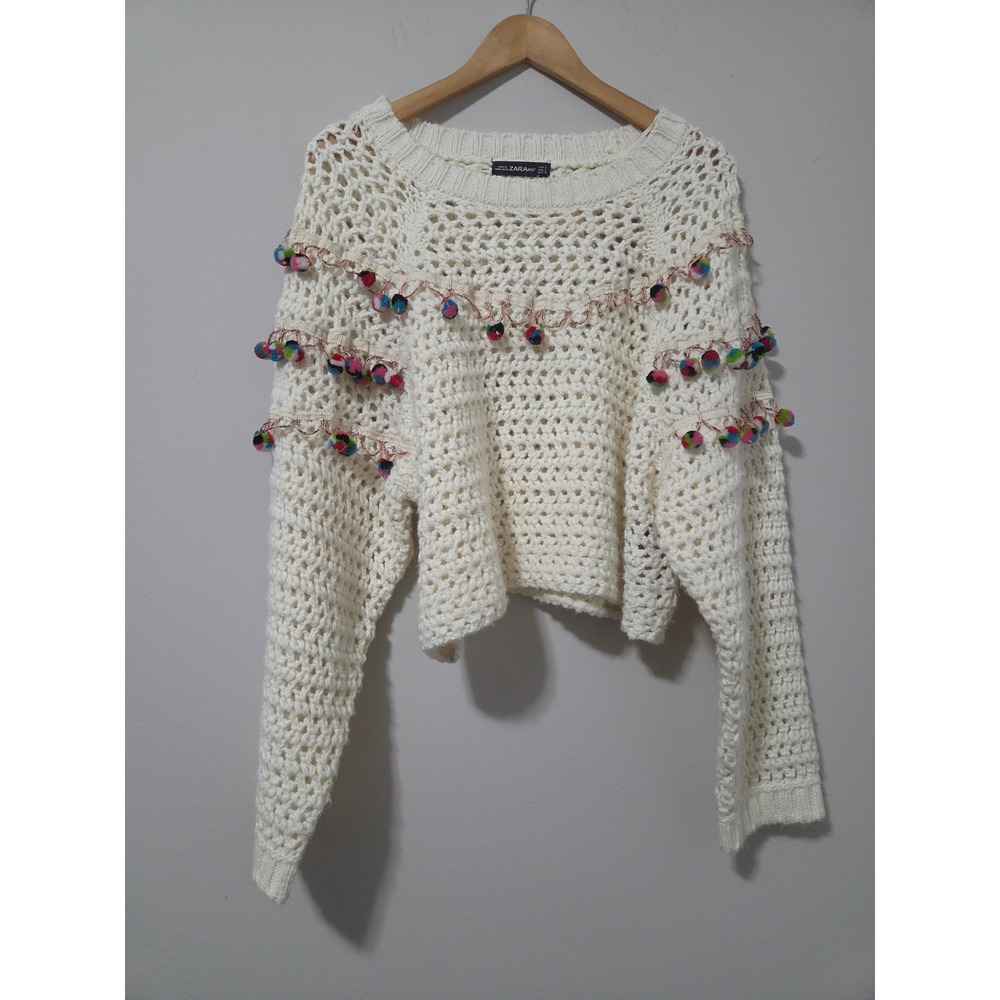Zara Knit Cream Crochet Pom Pom Fringe Sweater Boho Open Weave Pullover Small
